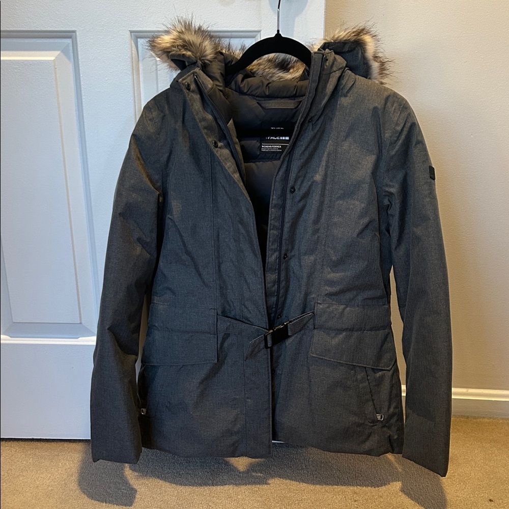 The North Face Women's Gray Puffer Jacket with Faux Fur Hood